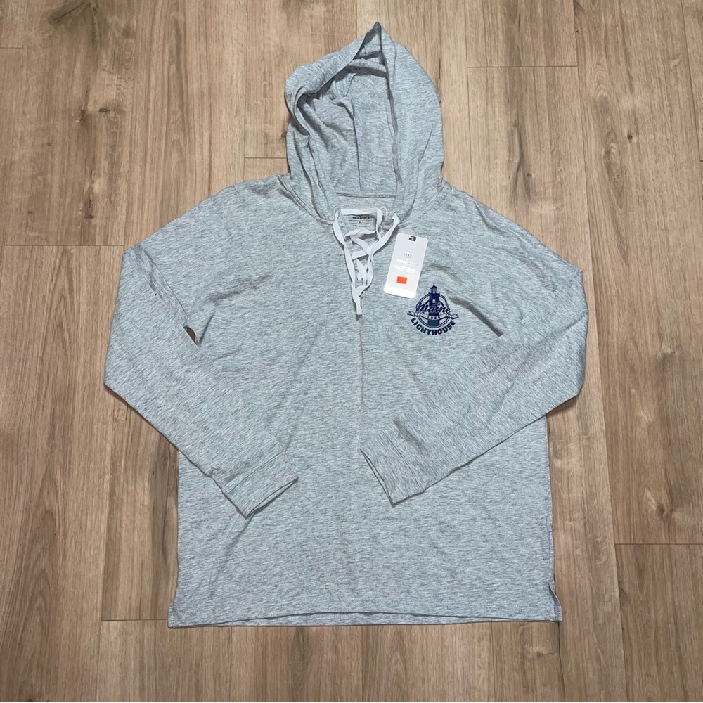 NWT Maine Lighthouse Cotton Blend Gray Hooded Long Sleeve Shirt Women’s Size XL